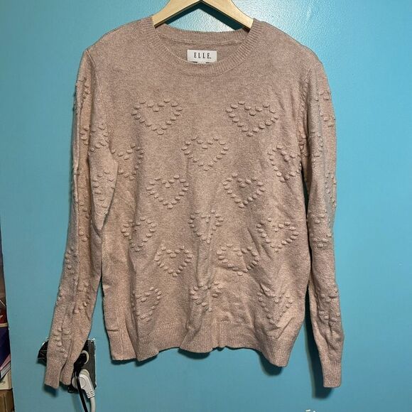 Women's ELLE™ Textured Heart Sweater Size Large Soft‎ Pink - Picture 1 of 7